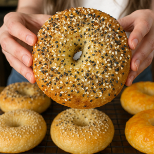 Freshly baked golden-brown New York-style bagels sprinkled generously with sesame and poppy seeds, arranged on a cooling rack