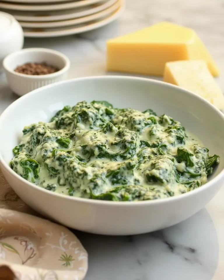 Creamed spinach in a white bowl, garnished with fresh herbs and served warm.