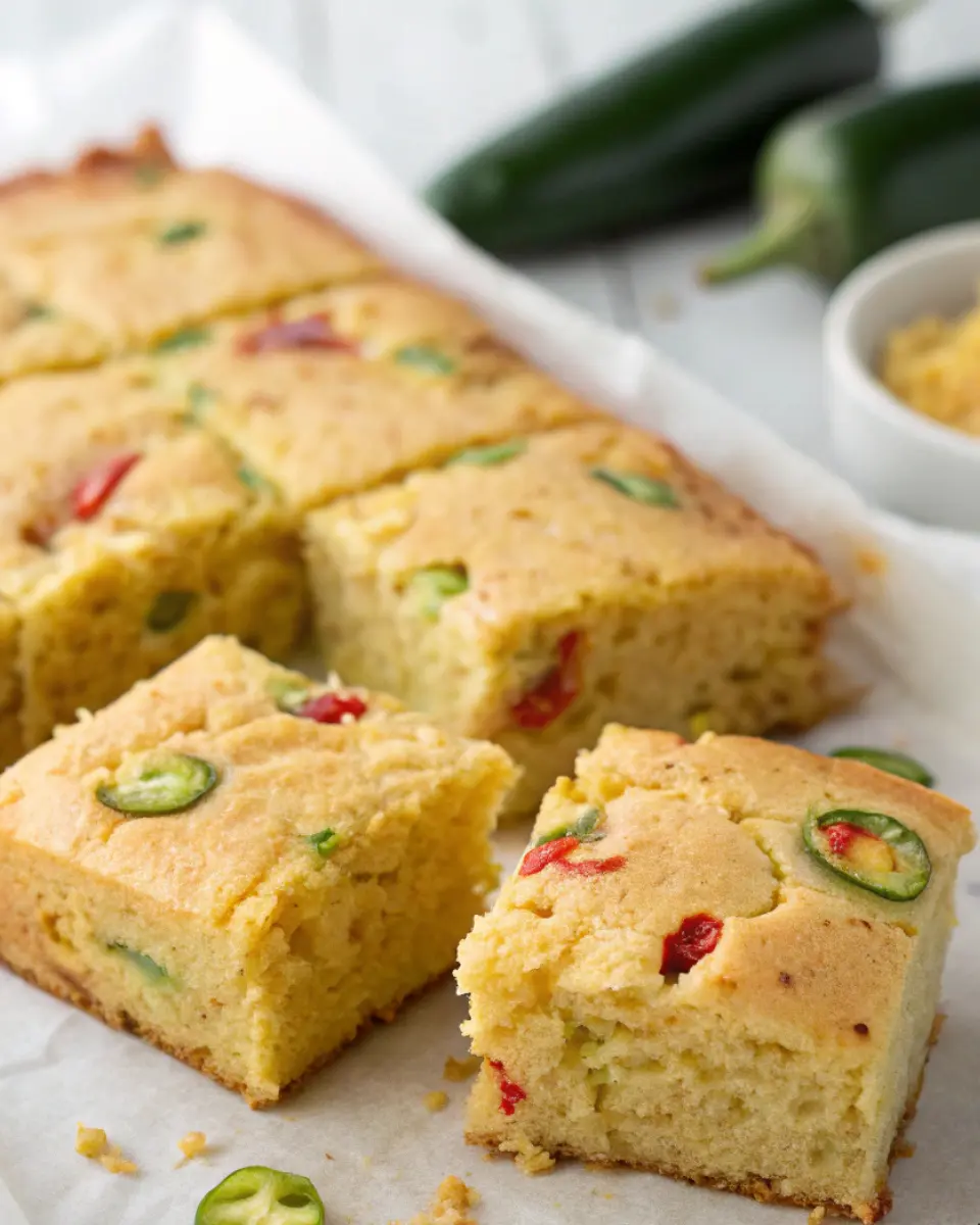 Golden slices of jalapeño cornbread in a cast-iron skillet, topped with fresh jalapeño slices and melted cheese.