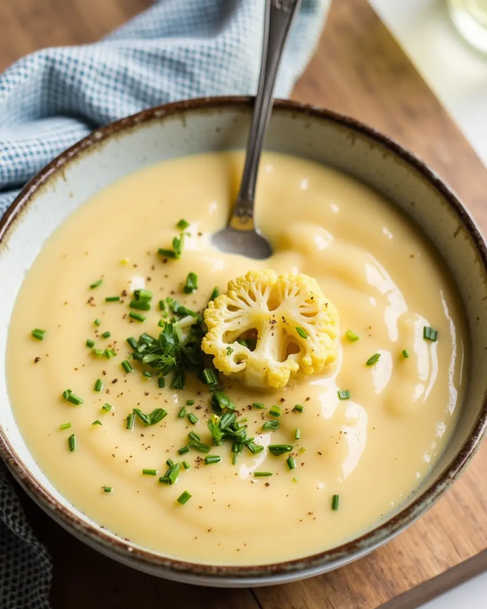 Roasted cauliflower soup served in a white bowl, topped with fresh herbs and a drizzle of olive oil