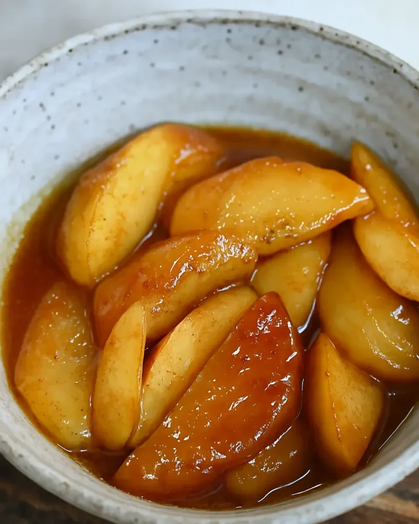 Golden brown Southern fried apple slices glazed with cinnamon-sugar butter in a cast iron skillet.