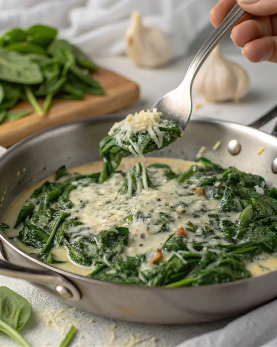 Creamed spinach in a white bowl, garnished with fresh herbs and served warm.