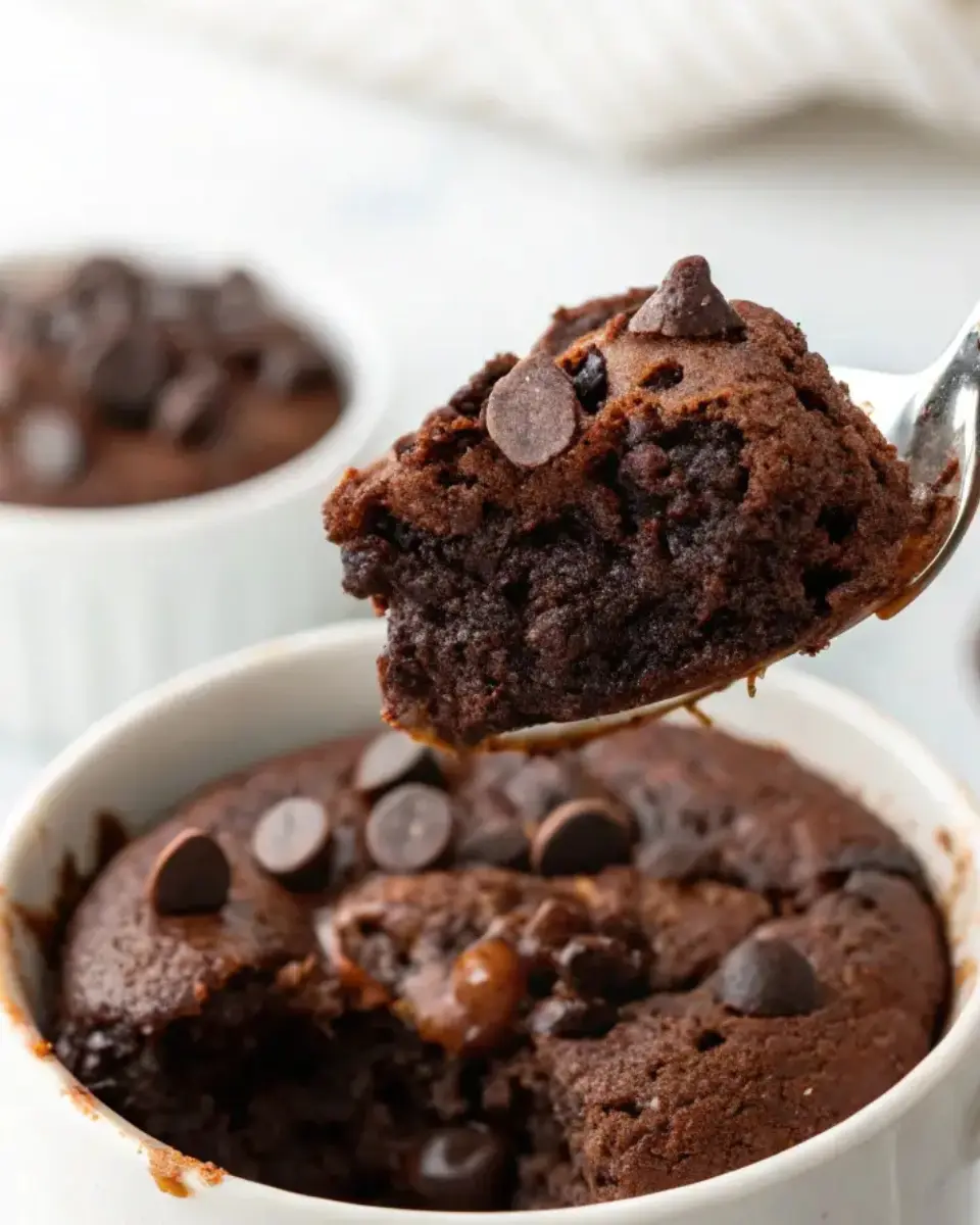 Vegan chocolate mug cake topped with melted dark chocolate and a sprinkle of sea salt in a white ceramic mug