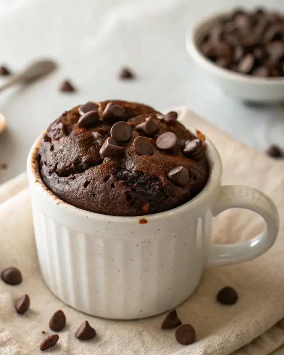 Vegan chocolate mug cake topped with melted dark chocolate and a sprinkle of sea salt in a white ceramic mug
