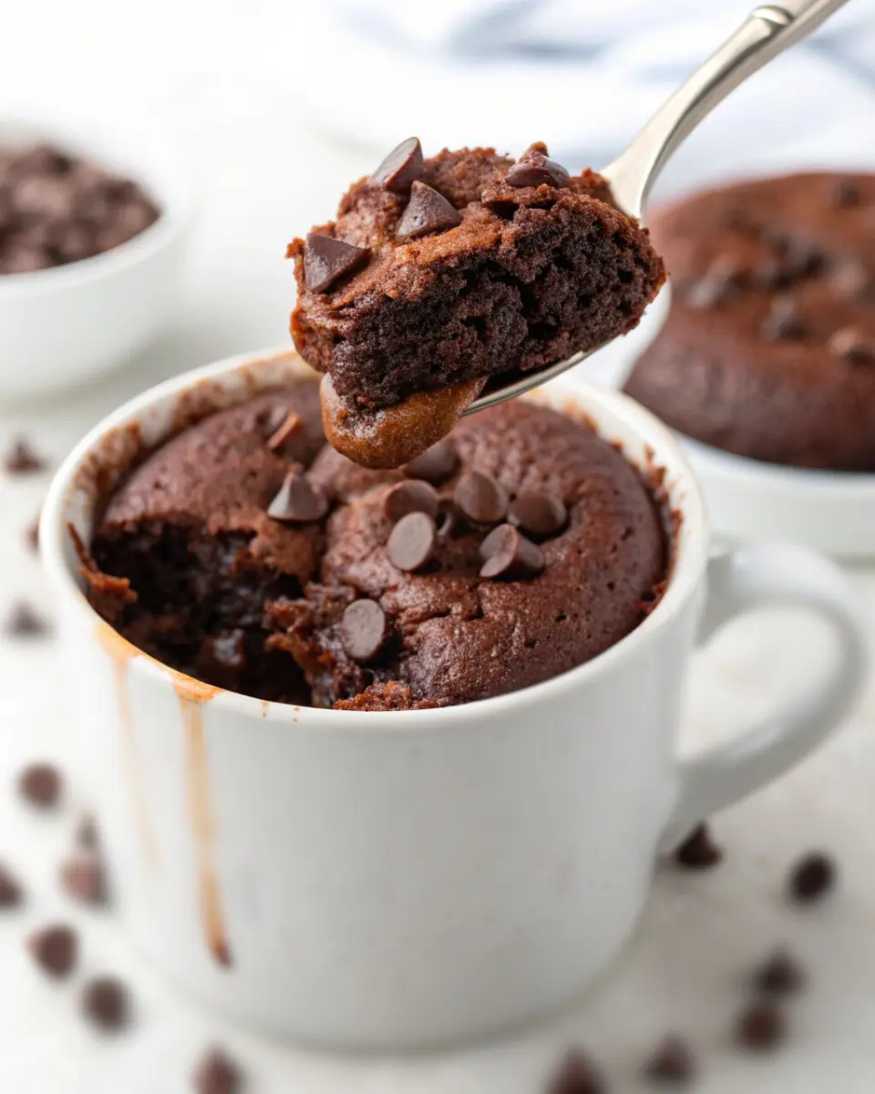 Vegan chocolate mug cake topped with melted dark chocolate and a sprinkle of sea salt in a white ceramic mug