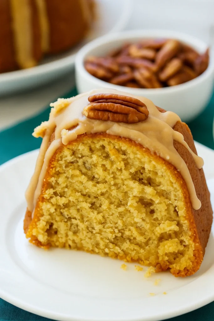 a piece of cake with a pecan topping