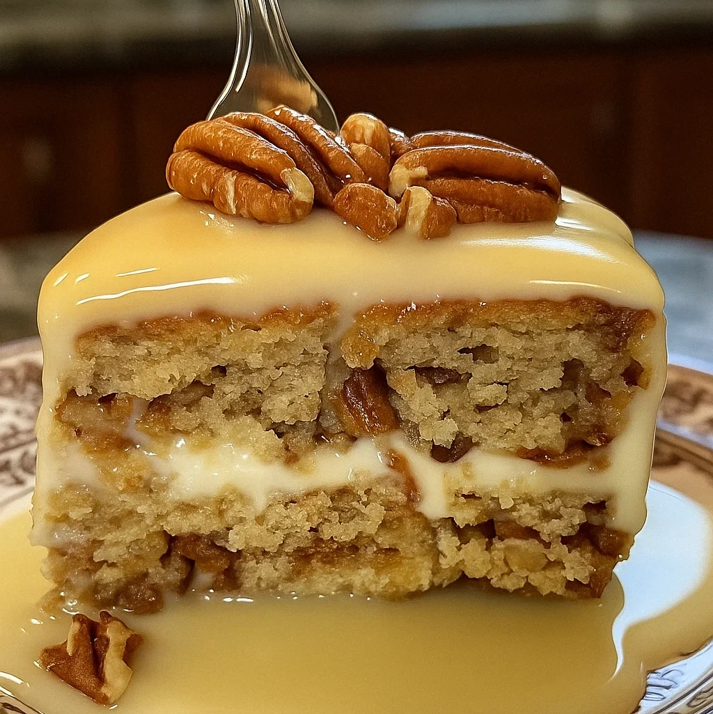 a piece of cake with a white frosting and pecans on a plate