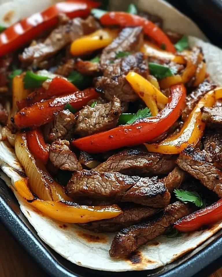 Juicy steak fajitas served with colorful bell peppers and onions on a sizzling hot skillet.