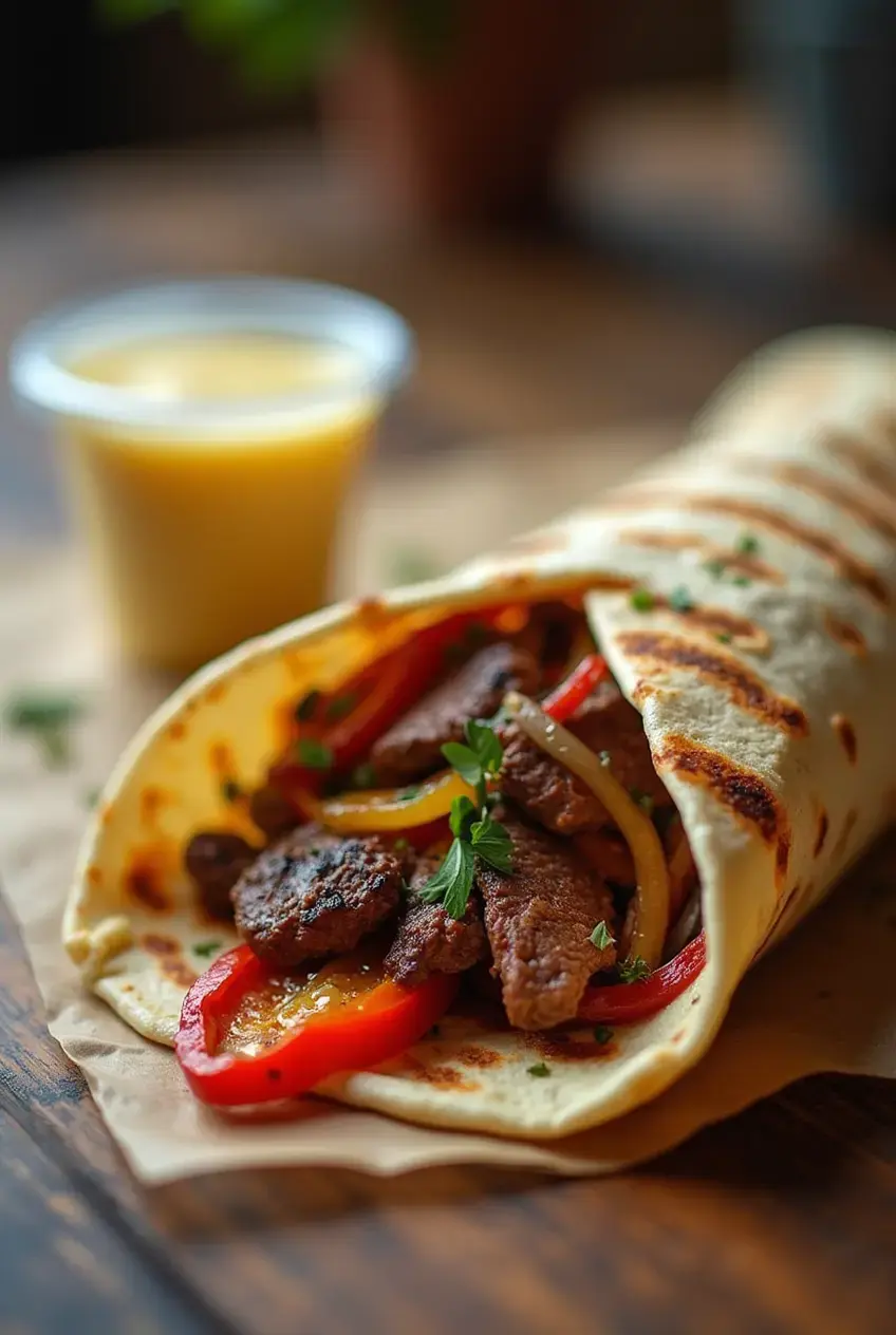 Juicy steak fajitas served with colorful bell peppers and onions on a sizzling hot skillet.