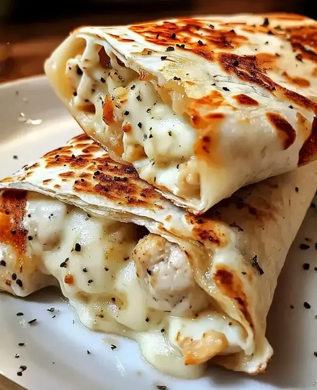 Cheesy Garlic Chicken Wraps with melted cheese and creamy garlic sauce on tortillas.