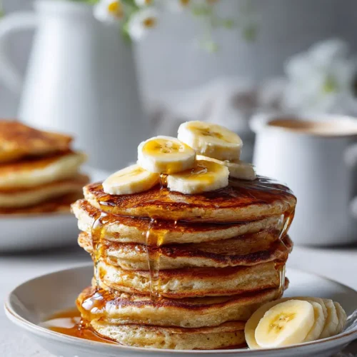 Delicious golden Banana Oat Protein Pancakes served with fresh fruit on a plate.