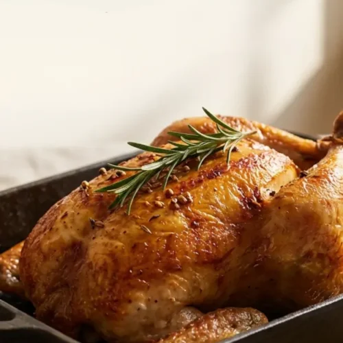 Easy roast chicken seasoned with herbs and cooked to perfection in the oven.