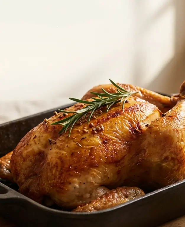 Easy roast chicken seasoned with herbs and cooked to perfection in the oven.