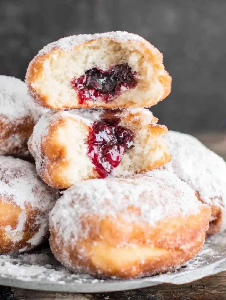 Homemade paczki, traditional Polish doughnuts filled with jam and dusted with powdered sugar.