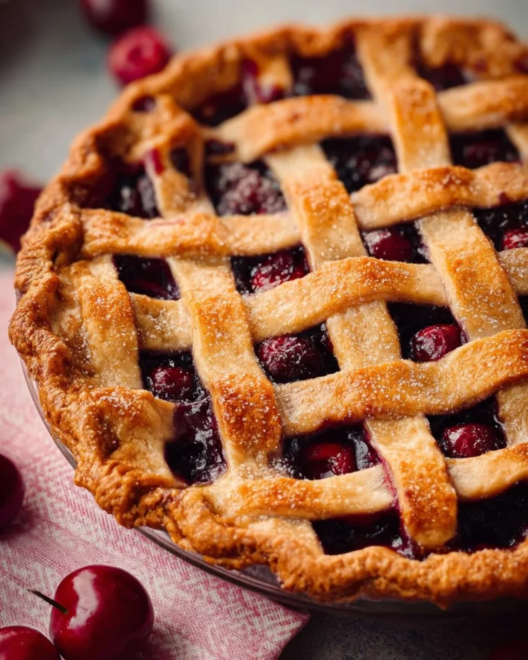 “Homemade gluten-free cherry pie with golden flaky crust and bright cherry filling.”