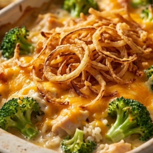 Delicious Chicken Broccoli Rice Casserole baked to perfection