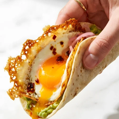 Crispy Feta Fried Eggs and Avocado Tortilla 1 Crispy feta fried eggs served on a smashed avocado tortilla for a delightful breakfast.