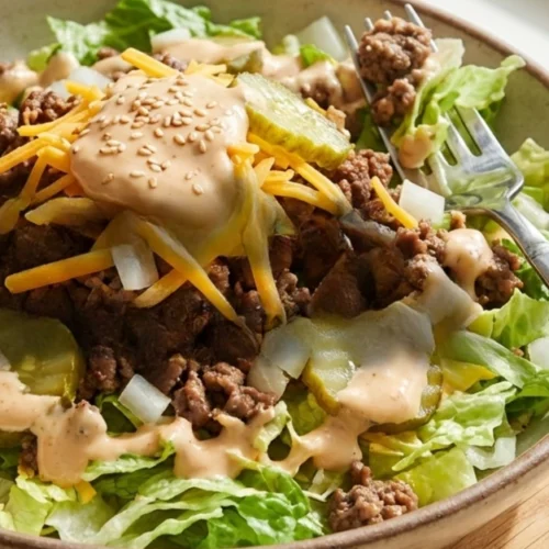 Healthy Big Mac Salad with ground beef, lettuce, pickles, and cheese in a bowl