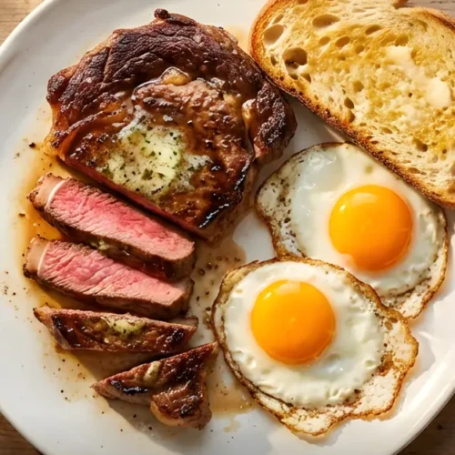 Delicious Steak and Eggs Breakfast served with crispy potatoes and sunny-side up eggs.