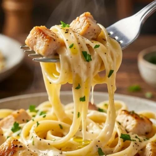 Creamy Chicken Fettuccine Alfredo 1 one-skillet Fettuccine Alfredo featuring a silky, creamy sauce, golden-brown chicken strips, and thick-sliced mushrooms,