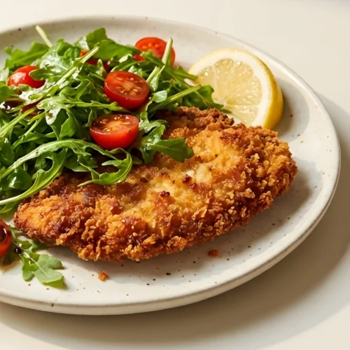 Crispy Chicken Milanese served with fresh herbs and lemon