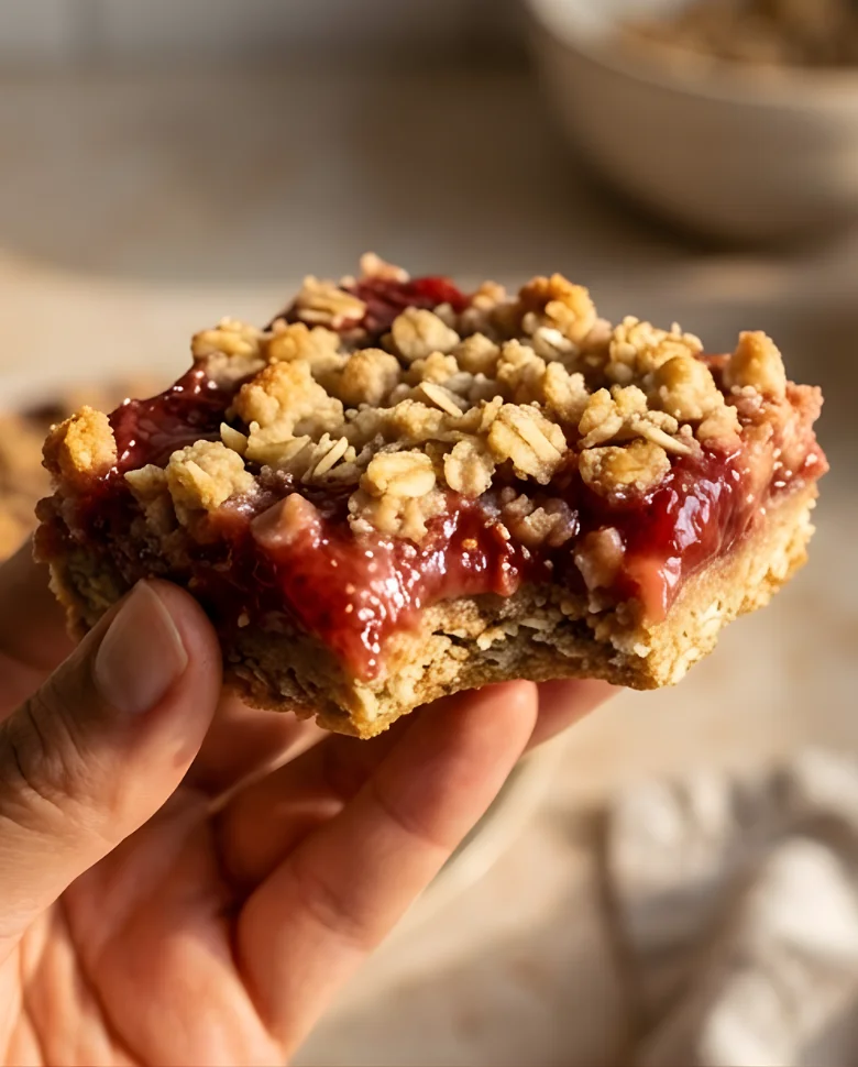 Healthy Strawberry Oatmeal Bars (2) Healthy strawberry oatmeal bars on a wooden table with fresh strawberries