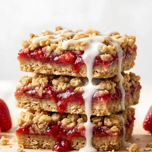 Healthy Strawberry Oatmeal Bars 1 Healthy strawberry oatmeal bars on a wooden table with fresh strawberries